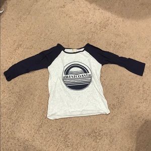 “West Coast”, blue/light grey, mid length T-shirt.